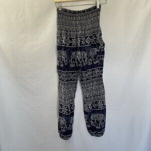 Bohemian Elephant Print Rayon Pants With Elastic Waist & Pockets Navy & White M